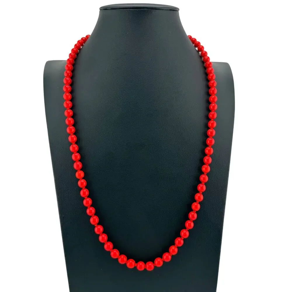 Vintage Red Coral Vivid Beads Hand Knotted Classic Gold Tone 25